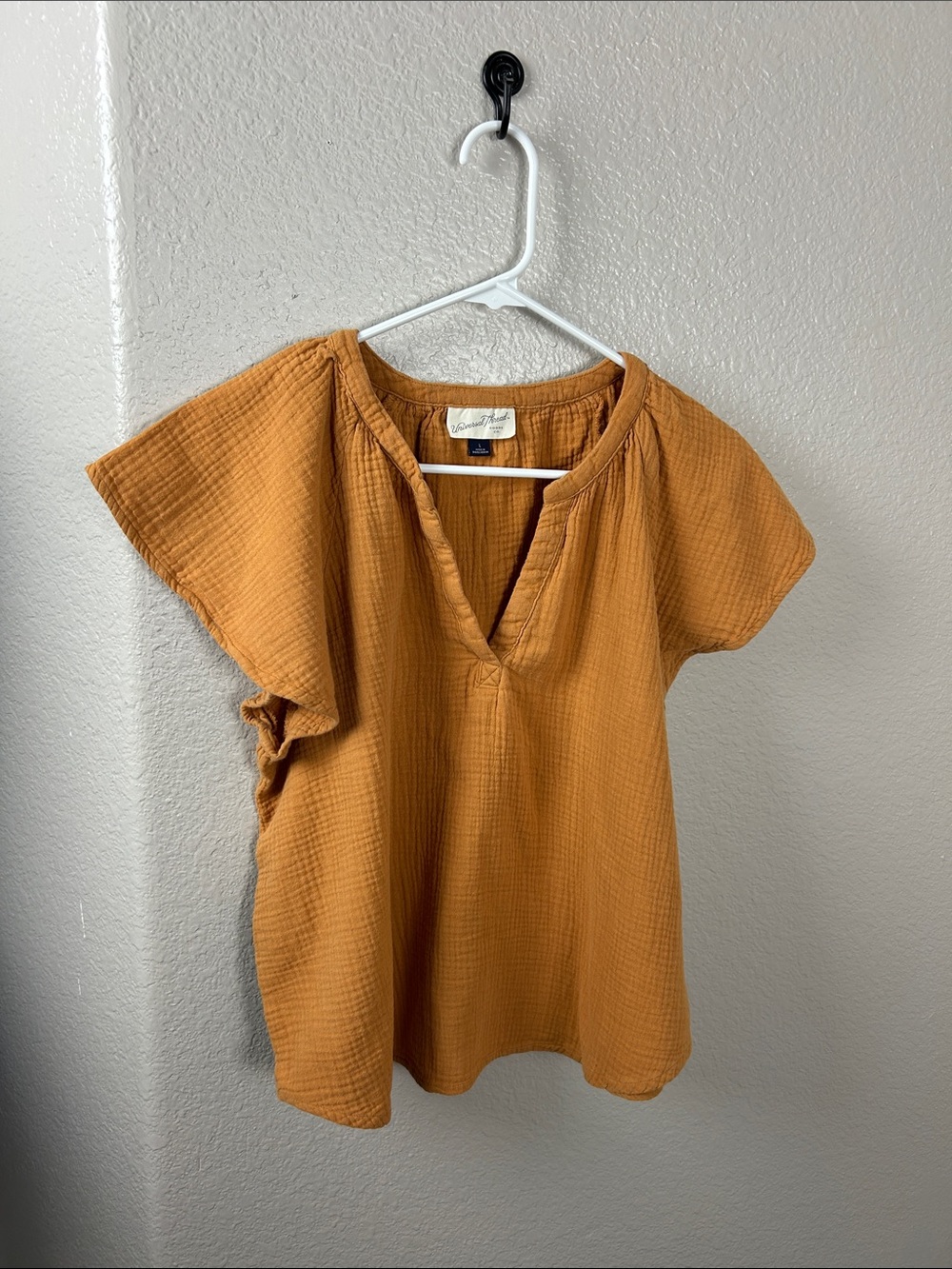 Universal Thread Mustard V-Neck Short Sleeve Blouse Sz L Boho Casual TC0241